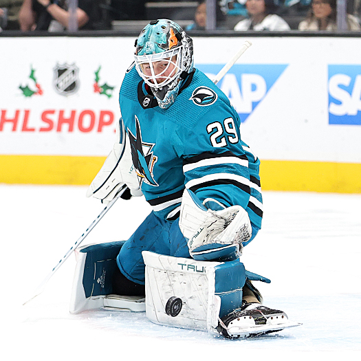 Sharks goalie Mackenzie Blackwood makes a kick save during a Jets first period power play