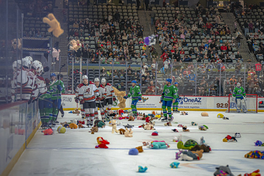 Tucson fans toss stuffed animals onto ice after Nathan Smith scores Teddy Bear Toss goal