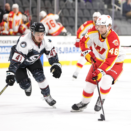 Wranglers forward Emilio Petersen (46) advances the puck as Tanner Kaspick (41) defends