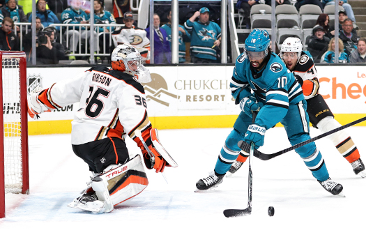 Anthony Duclair (10) attempts to control a loose puck in front of Ducks goalie John Gibson