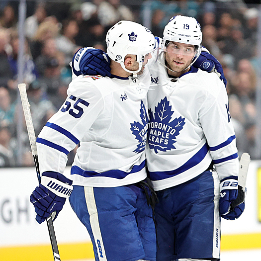 Calle Jarnkrok (right) celebrates his second period goal with Mark Giordano