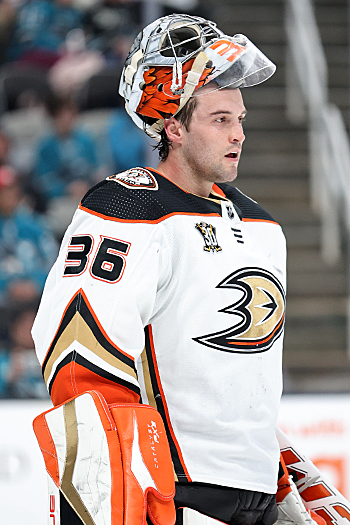Ducks goalie John Gibson during a timeout