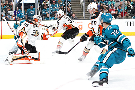 Ducks goalie John Gibson makes a glove save on a shot attempt from William Eklund (72)