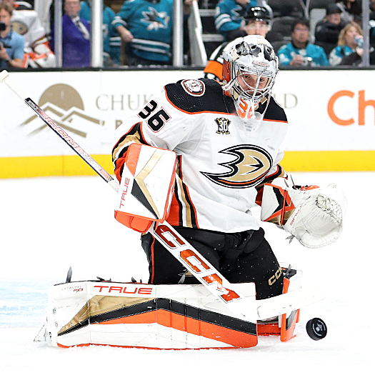 Ducks goalie John Gibson makes a stick save