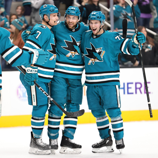 Jan Rutta (center) celebrates his first period goal with teammates Nico Strum (7) and William Eklund (right)