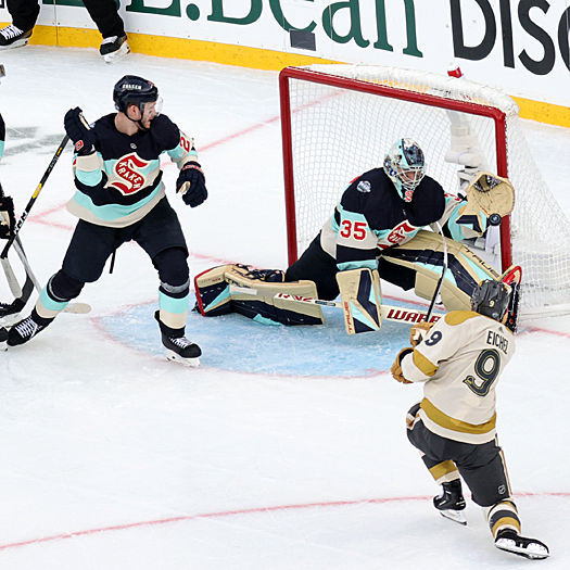 Kraken goalie Joey Daccord makes a glove save on an point blank shot by Jack Eichel (9) late in the third period