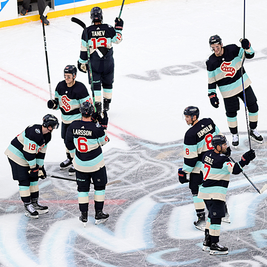 Kraken players salute the crowd after their 3-0 win over the Golden Knights