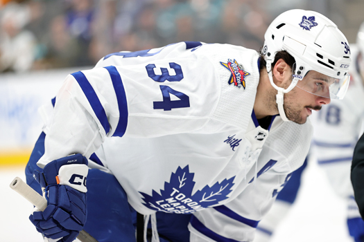 Maple Leafs forward Auston Matthews lines up for a face-off