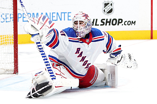 Rangers goalie Igor Shesterkin makes a save in the overtime period