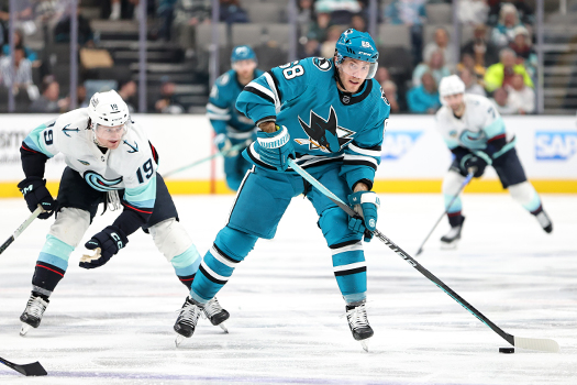Sharks center Mike Hoffman (68) looks to shoot the puck deep into the offensive zone in front of Jared McCann (19)