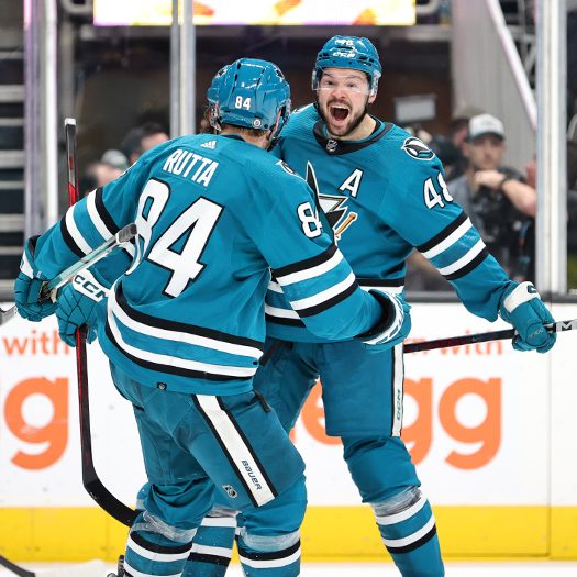Tomas Hertl celebrates his game winning overtime goal with Jan Rutta (84)