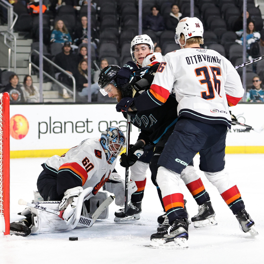 Barracuda forward Scott Sabourin (49) attempts to reach a loose puck as Firebirds defensemen Ville Ottavainen (36) and Peetro Seppala (6) attempt to check him off the puck
