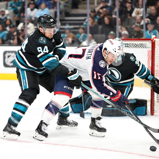 Blue Jackets forward Justin Danforth (17) attempts to control the puck in front of defenseman Jan Rutta (84)