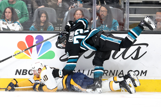 Colton Sissons (10) and William Eklund (72) fight for the puck along the boards