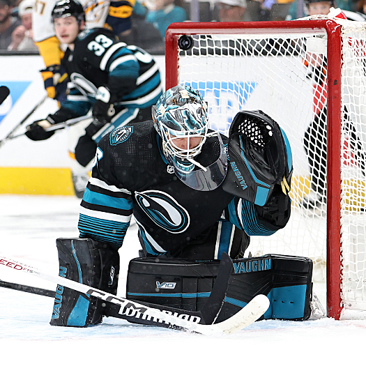 Kiefer Sherwood's (not pictured) shot beats Sharks goalie Kaapo Kahkonen for the Predators first goal