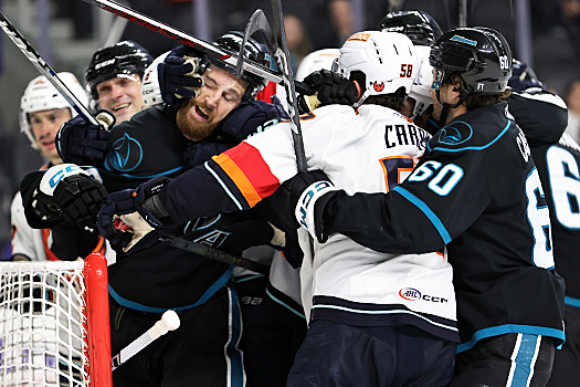 Multiple Firebirds player grab Scott Sabourin (center) after he drew a goaltender interference penalty