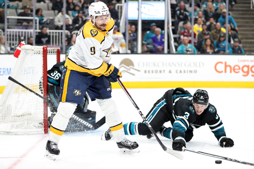 Sharks defenseman Henry Thrun (3) blocks a pass attempt by Filip Forsberg (9)