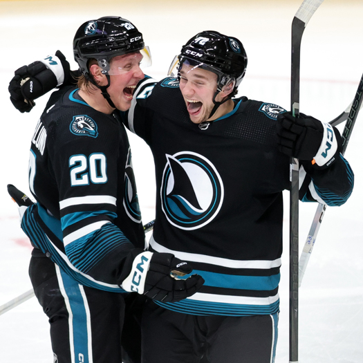 Fabian Zetterlund (20) celebrates one of his two second period goals with William Eklund