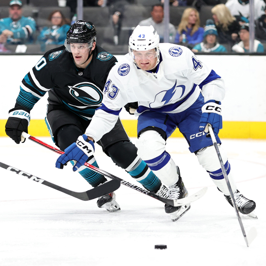 Lightning defenseman Darren Raddysh (43) attempts to move the puck away from Klim Kostin (10)