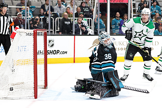 Roope Hintz's (not pictured) shot gets by goalie Kaapo Kahkonen to score the overtime game winning goal