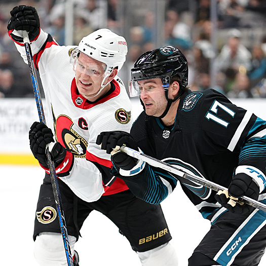Senators captain Brady Tkachuk (7) and Thomas Bordeleau (17) battle for position after a face-off