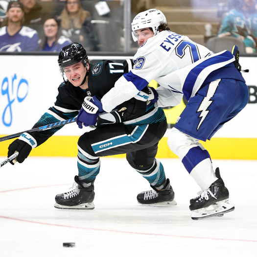 Sharks forward Thomas Bordeleau (17) and Michael Eyssimont (23) fight for puck possession