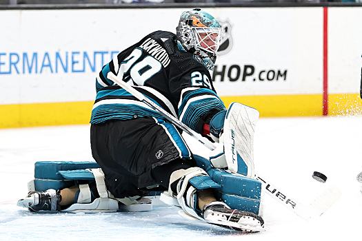 Sharks goalie Mackenzie Blackwood makes a stick save during third period action